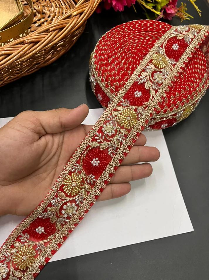 Beaded Bridal Maggam Lace - Red